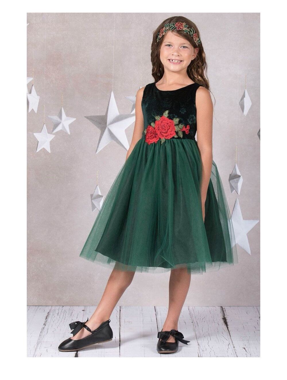 Girls Formal Dress Velvet Party Green Red Rose 9/10 Flower Girl Wedding Holidays